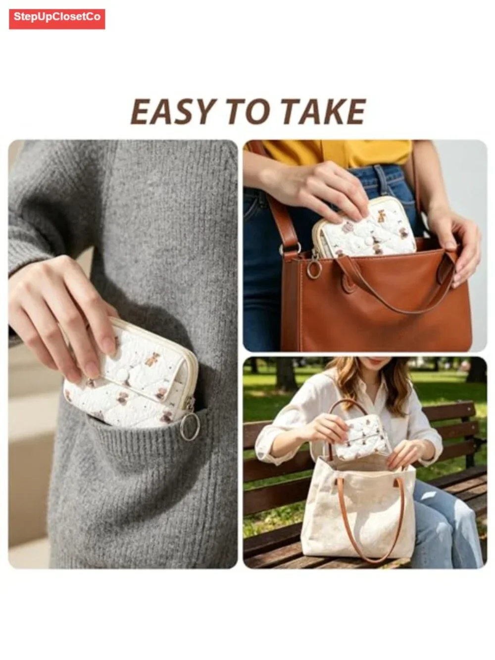 Quilted Floral Coin Purse Wallet for Women with Keychain, Compact Zipper Pouch
